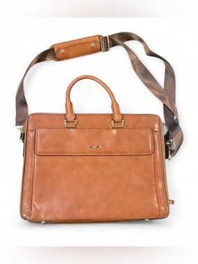 CLUCI Tan Leather Briefcase Laptop Bag Crossbody Work Tote Like New Minimalism